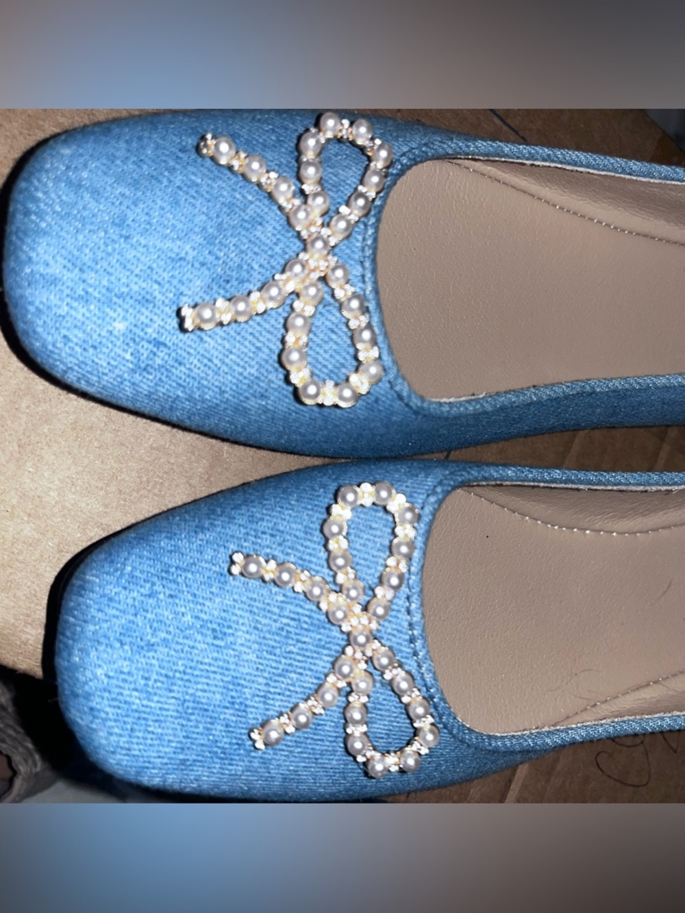 Blue Denim Pearl Bow Ballet Flats - Women size 8
